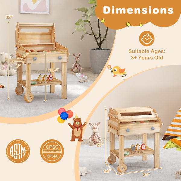 Kids Wooden Barbecue Grill Playset Pretend Kitchen with Food and Wheels
