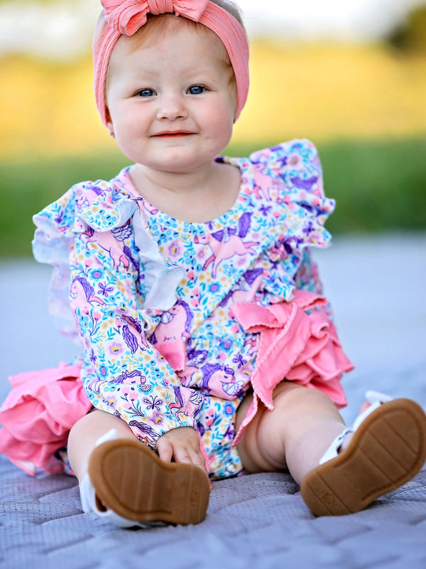 Unicorn Floral Print Girls Long Sleeve Romper