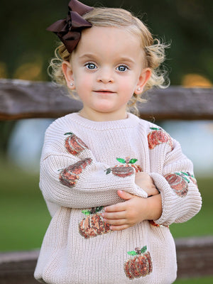 Thanksgiving Pumpkin Sequin Sweater – Beige, Perfect for Fall