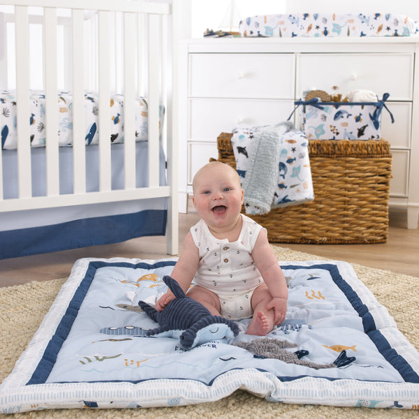 Explore Dream Discover Light Blue, Navy, Gray and Coral Ocean 4 Piece Nursery Crib Bedding Set - Comforter, 100% Cotton Fitted Crib Sheet, Crib Skirt and Nursery Organizer