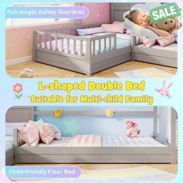 L-shaped Double Twin Beds House Platform Beds with Fences Corner Bed Frame-Gray Gray Toddler Beds