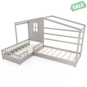 L-shaped Double Twin Beds House Platform Beds with Fences Corner Bed Frame-Gray Gray Toddler Beds