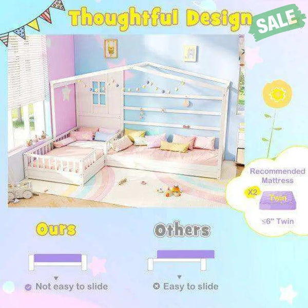 L-shaped Double Twin Beds House Platform Beds with Fences Corner Bed Frame-Gray Gray Toddler Beds