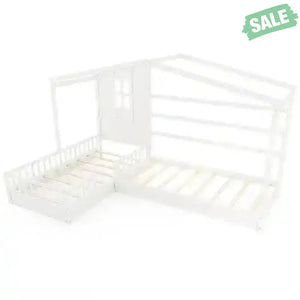 L-shaped Double Twin Beds House Platform Beds with Fences Corner Bed Frame-Gray Gray Toddler Beds