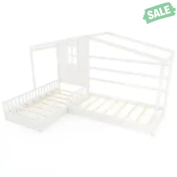 L-shaped Double Twin Beds House Platform Beds with Fences Corner Bed Frame-Gray Gray Toddler Beds