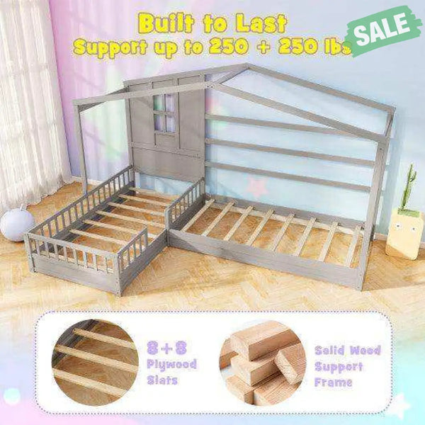 L-shaped Double Twin Beds House Platform Beds with Fences Corner Bed Frame-Gray Gray Toddler Beds