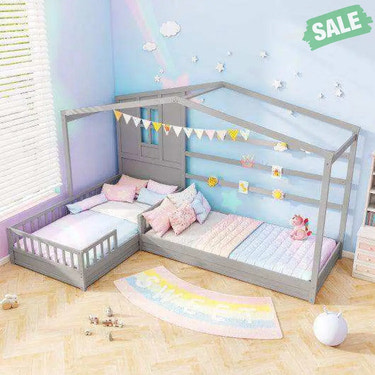 L-shaped Double Twin Beds House Platform Beds with Fences Corner Bed Frame-Gray Gray Toddler Beds