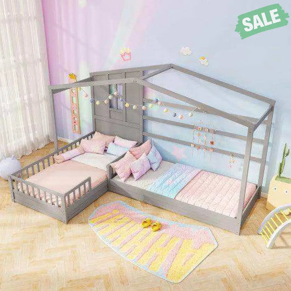 L-shaped Double Twin Beds House Platform Beds with Fences Corner Bed Frame-Gray Gray Toddler Beds