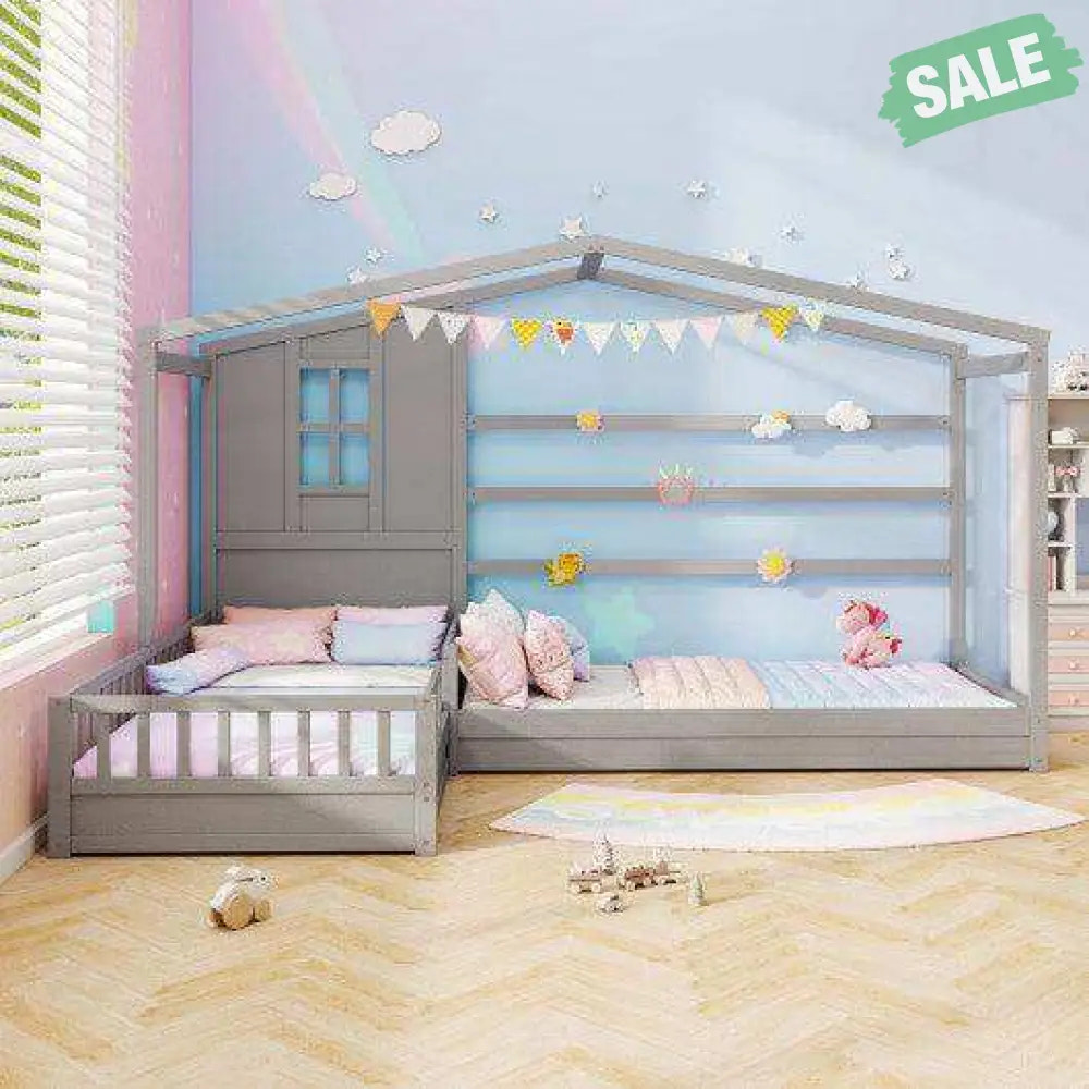 L-shaped Double Twin Beds House Platform Beds with Fences Corner Bed Frame-Gray Gray Toddler Beds