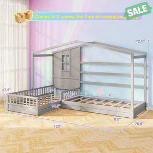 L-shaped Double Twin Beds House Platform Beds with Fences Corner Bed Frame-Gray Gray Toddler Beds