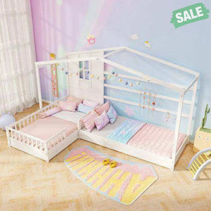 L-shaped Double Twin Beds House Platform Beds with Fences Corner Bed Frame-White