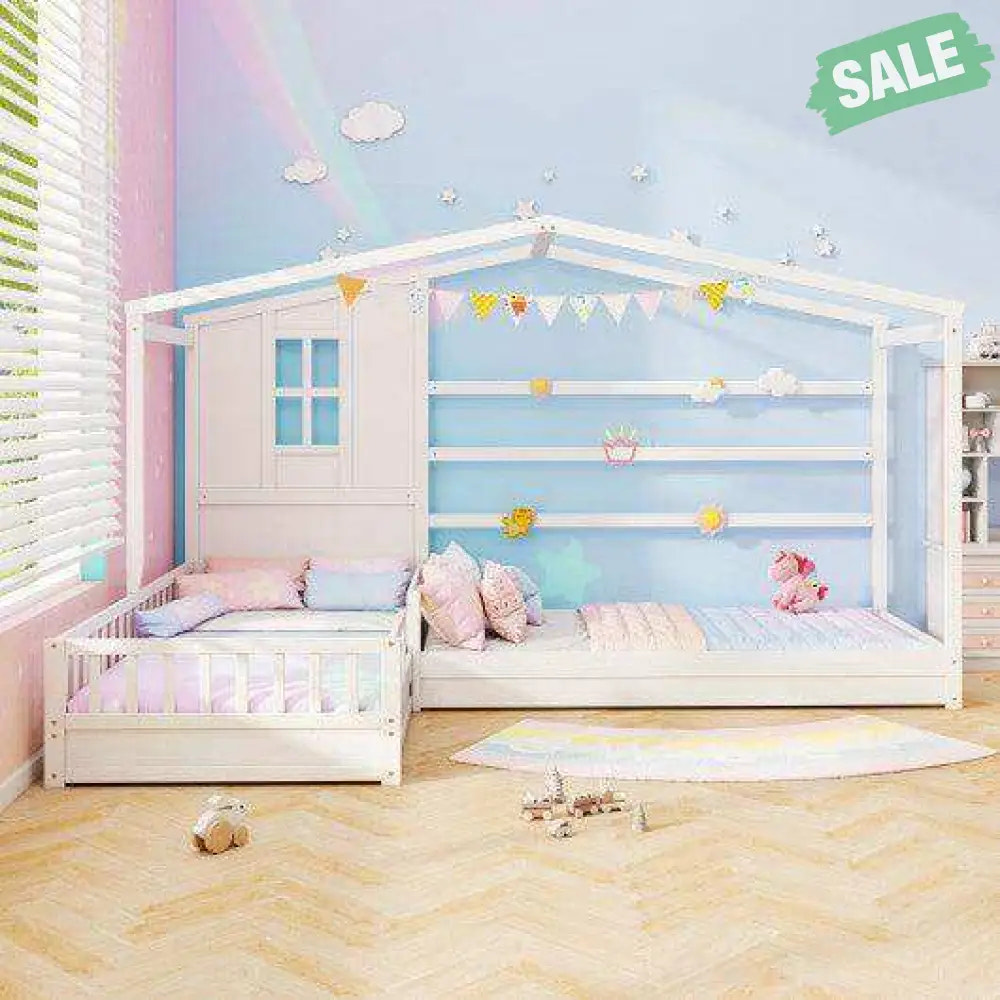 L-shaped Double Twin Beds House Platform Beds with Fences Corner Bed Frame-White