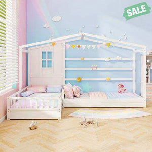 L-shaped Double Twin Beds House Platform Beds with Fences Corner Bed Frame-White