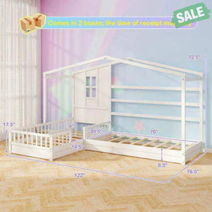 L-shaped Double Twin Beds House Platform Beds with Fences Corner Bed Frame-White