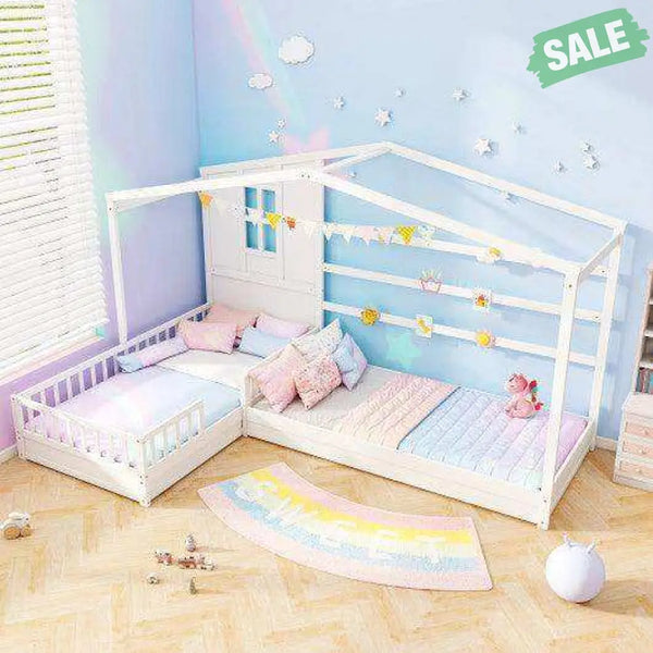 L-shaped Double Twin Beds House Platform Beds with Fences Corner Bed Frame-White