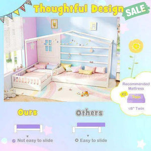 L-shaped Double Twin Beds House Platform Beds with Fences Corner Bed Frame-White