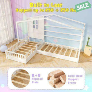 L-shaped Double Twin Beds House Platform Beds with Fences Corner Bed Frame-White