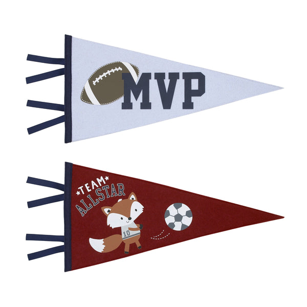Team All Star Grey, Burgundy, Light Blue and Navy Fox and Football MVP Sporty 2 Pack Felt Pennants Wall DÃ©cor