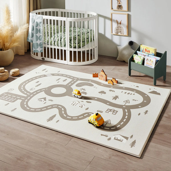 Tiny Land® Double-Sided Baby Playmat Urban Zoo Adventure at an angle, showcasing vibrant designs for playtime fun.