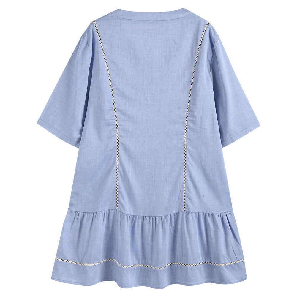 Ladies Light Blue Cotton Ruffle Embroidery Dress