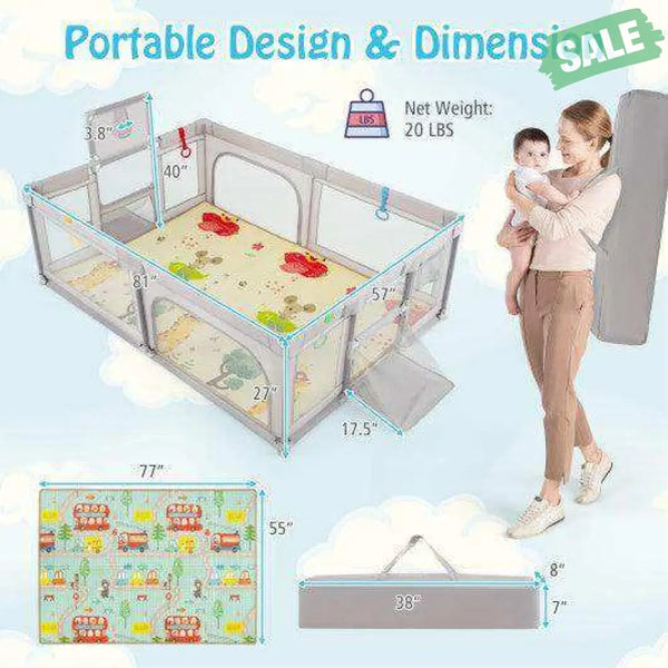 Large Baby Playpen with Mat and Ocean Balls-Dark gray Dark Gray Baby Playpen & Playards