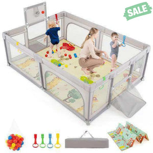 Large Baby Playpen with Mat and Ocean Balls-Dark gray Dark Gray Baby Playpen & Playards