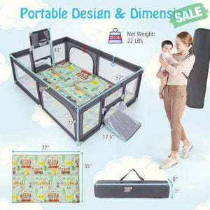 Large Baby Playpen with Mat and Ocean Balls-Dark gray Dark Gray Baby Playpen & Playards