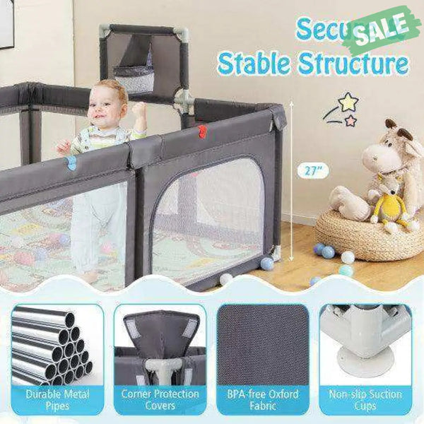 Large Baby Playpen with Mat and Ocean Balls-Dark gray Dark Gray Baby Playpen & Playards