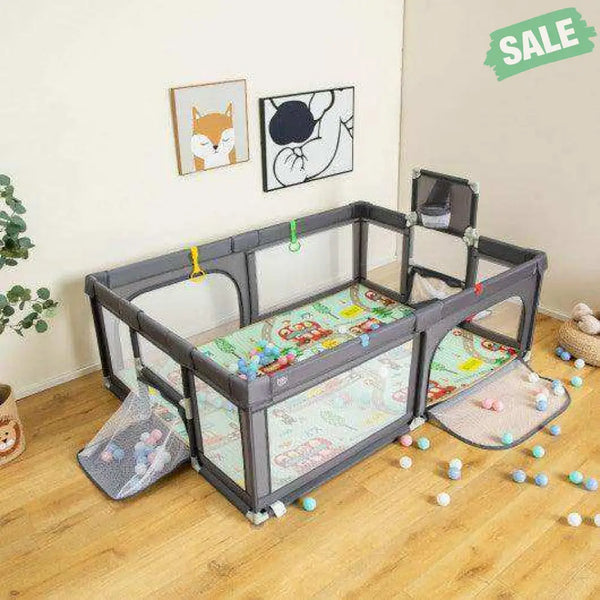 Large Baby Playpen with Mat and Ocean Balls-Dark gray Dark Gray Baby Playpen & Playards