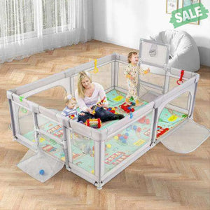 Large Baby Playpen with Mat and Ocean Balls-Dark gray Dark Gray Baby Playpen & Playards