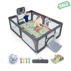 Large Baby Playpen with Mat and Ocean Balls-Dark gray Dark Gray Baby Playpen & Playards