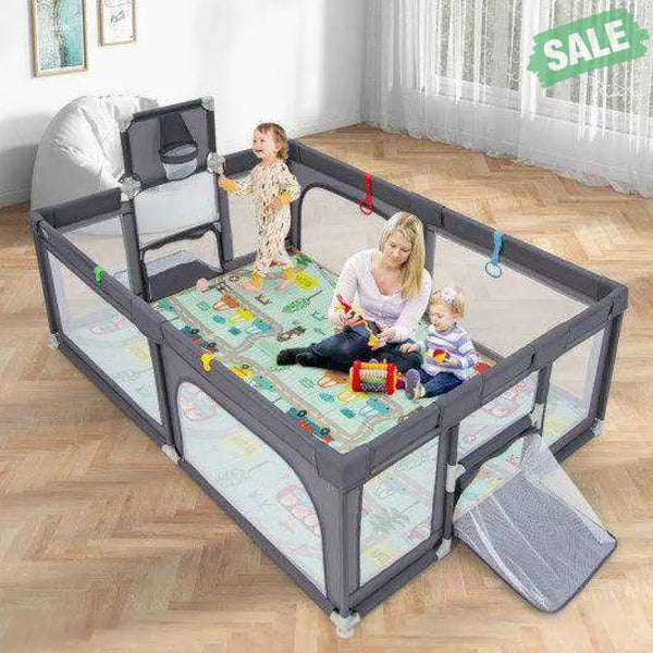 Large Baby Playpen with Mat and Ocean Balls-Dark gray Dark Gray Baby Playpen & Playards
