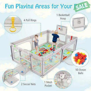 Large Baby Playpen with Mat and Ocean Balls-Dark gray Dark Gray Baby Playpen & Playards