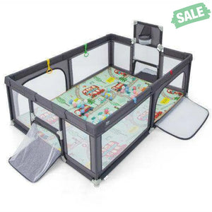 Large Baby Playpen with Mat and Ocean Balls-Dark gray Dark Gray Baby Playpen & Playards