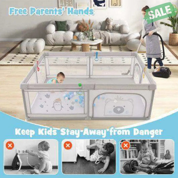 Large Baby Playpen with Pull Rings Ocean Balls and Cute Pattern-Penguin Gray Baby Playpen & Playards