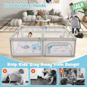 Large Baby Playpen with Pull Rings Ocean Balls and Cute Pattern-Penguin Gray2 Baby Playpen & Playards