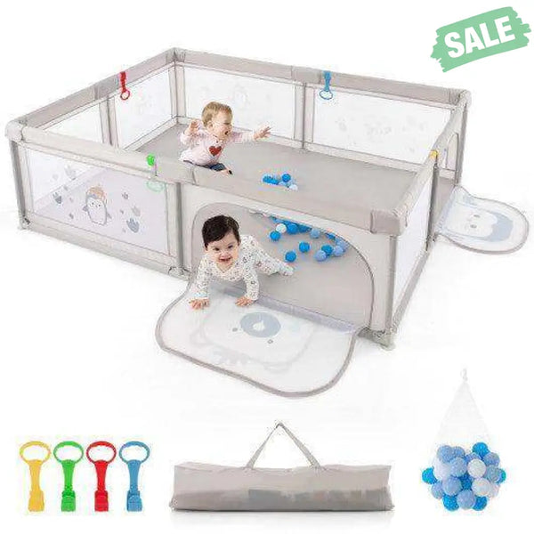 Large Baby Playpen with Pull Rings Ocean Balls and Cute Pattern-Penguin Baby Playpen & Playards