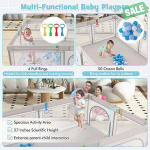 Large Baby Playpen with Pull Rings Ocean Balls and Cute Pattern-Penguin Baby Playpen & Playards