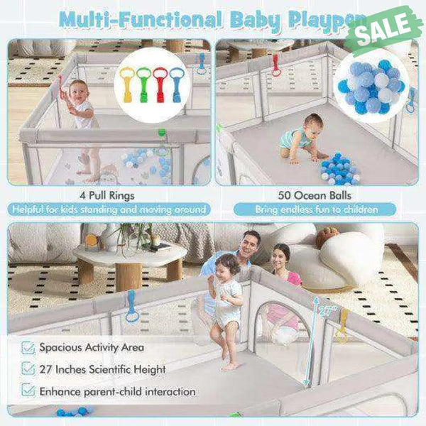 Large Baby Playpen with Pull Rings Ocean Balls and Cute Pattern-Penguin Baby Playpen & Playards