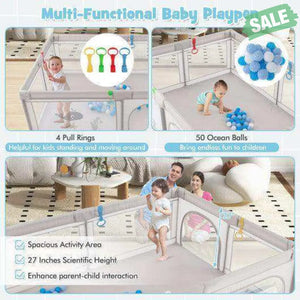 Large Baby Playpen with Pull Rings Ocean Balls and Cute Pattern-Penguin Baby Playpen & Playards