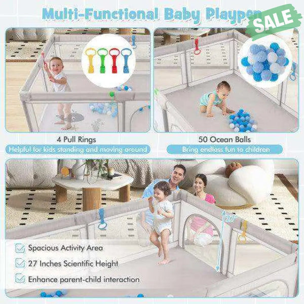 Large Baby Playpen with Pull Rings Ocean Balls and Cute Pattern-Penguin Baby Playpen & Playards