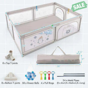 Large Baby Playpen with Pull Rings Ocean Balls and Cute Pattern-Penguin Baby Playpen & Playards