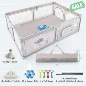 Large Baby Playpen with Pull Rings Ocean Balls and Cute Pattern-Penguin Baby Playpen & Playards