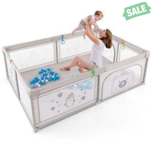 Large Baby Playpen with Pull Rings Ocean Balls and Cute Pattern-Penguin Baby Playpen & Playards