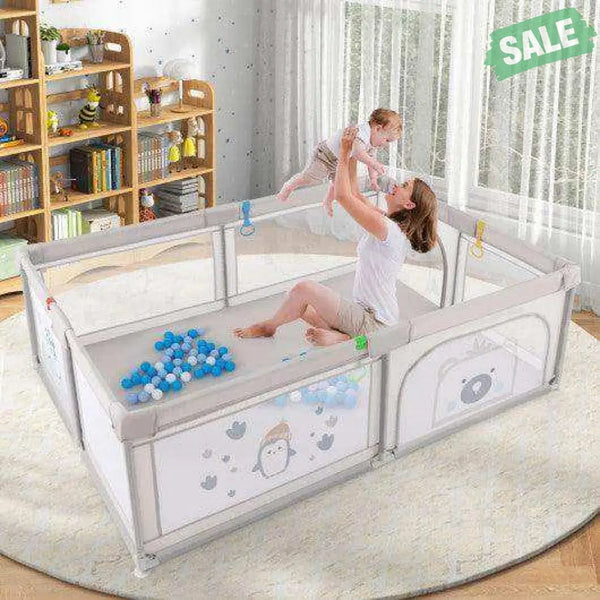 Large Baby Playpen with Pull Rings Ocean Balls and Cute Pattern-Penguin Baby Playpen & Playards