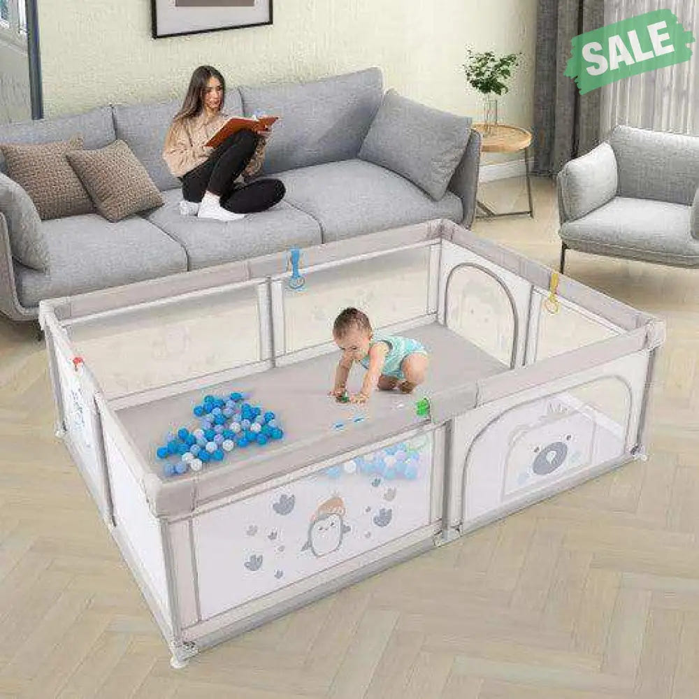 Large Baby Playpen with Pull Rings Ocean Balls and Cute Pattern-Penguin Baby Playpen & Playards