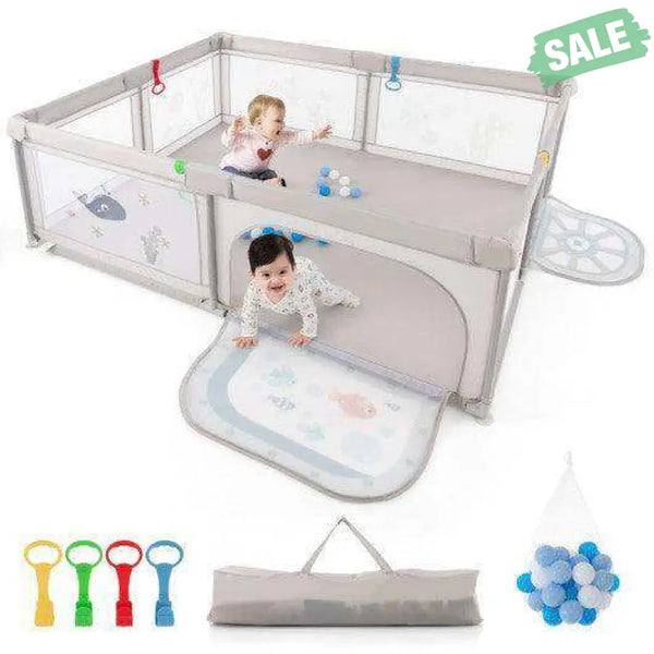Large Baby Playpen with Pull Rings Ocean Balls and Cute Pattern-Penguin Baby Playpen & Playards