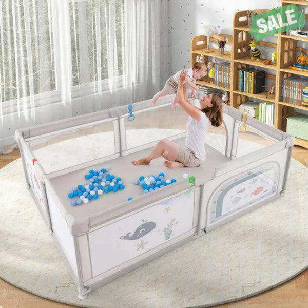 Large Baby Playpen with Pull Rings Ocean Balls and Cute Pattern-Penguin Baby Playpen & Playards