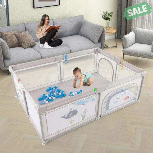 Large Baby Playpen with Pull Rings Ocean Balls and Cute Pattern-Penguin Baby Playpen & Playards