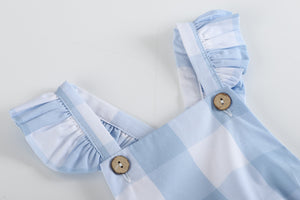 Large Check Blue Gingham Ruffle Button Romper